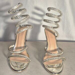 Lov Mark Spiral leg wrap 4" heels, silver and rhinestone in size 6.5